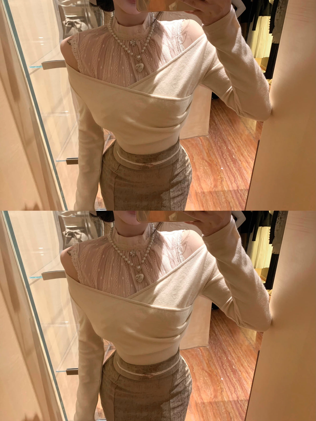 【set】オフショルダーレース切り替えトップス×リボン付きマーメイドスカートセット　M29554