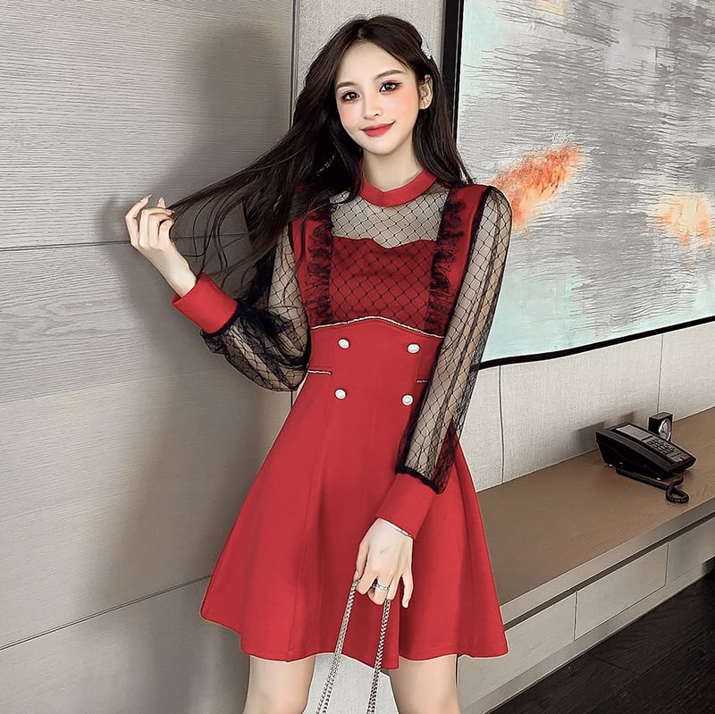 【dress】エレガント!気質満点レトロ切り替え長袖体型カバー着痩せ春フランス風ワンピース G5325