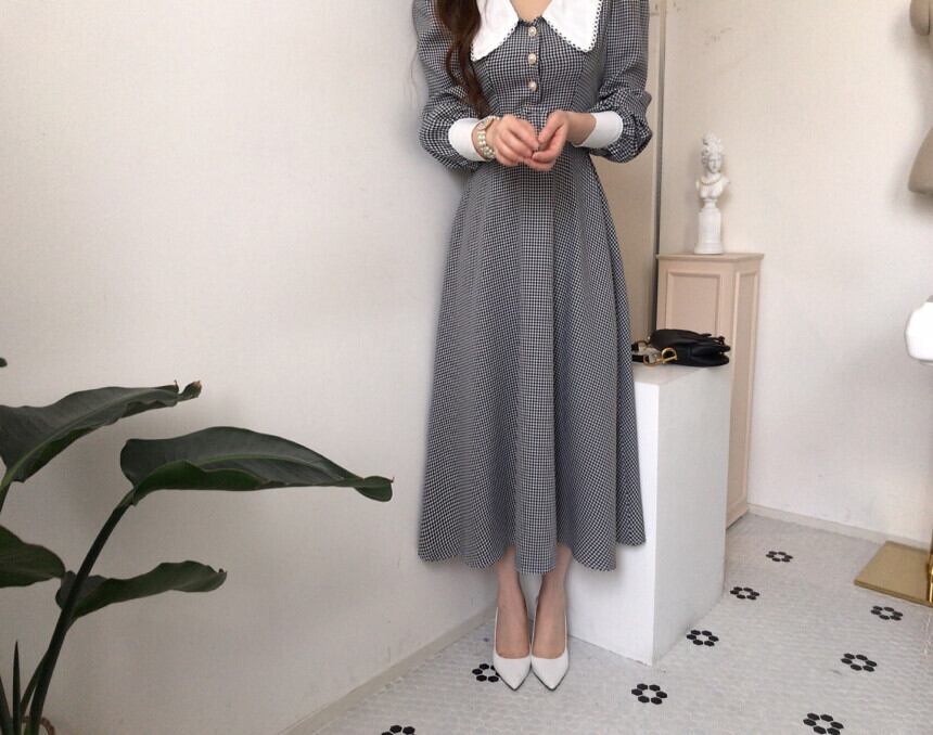 【dress】秋高級感 気質満点ドールカラーフランス風チェック柄ワンピース G1784