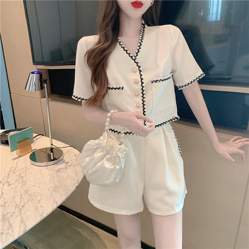 【set】半袖ブラウス+ギャザーショートパンツ２点セット F7361