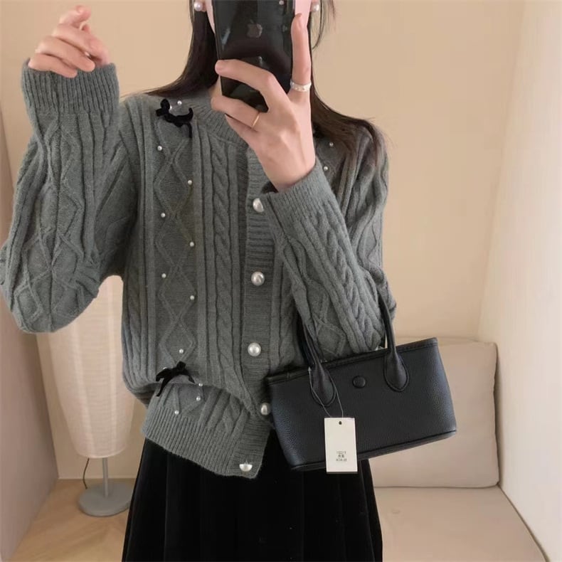 【outer】リボン付きパールニットカーデ　M25848