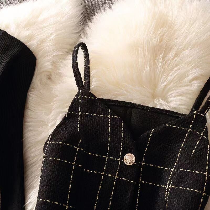 【set】一目惚れ！2点セット無地セーター+Vネックウェスト絞りチェック柄キャミワンピース通勤日常セットアップF1405