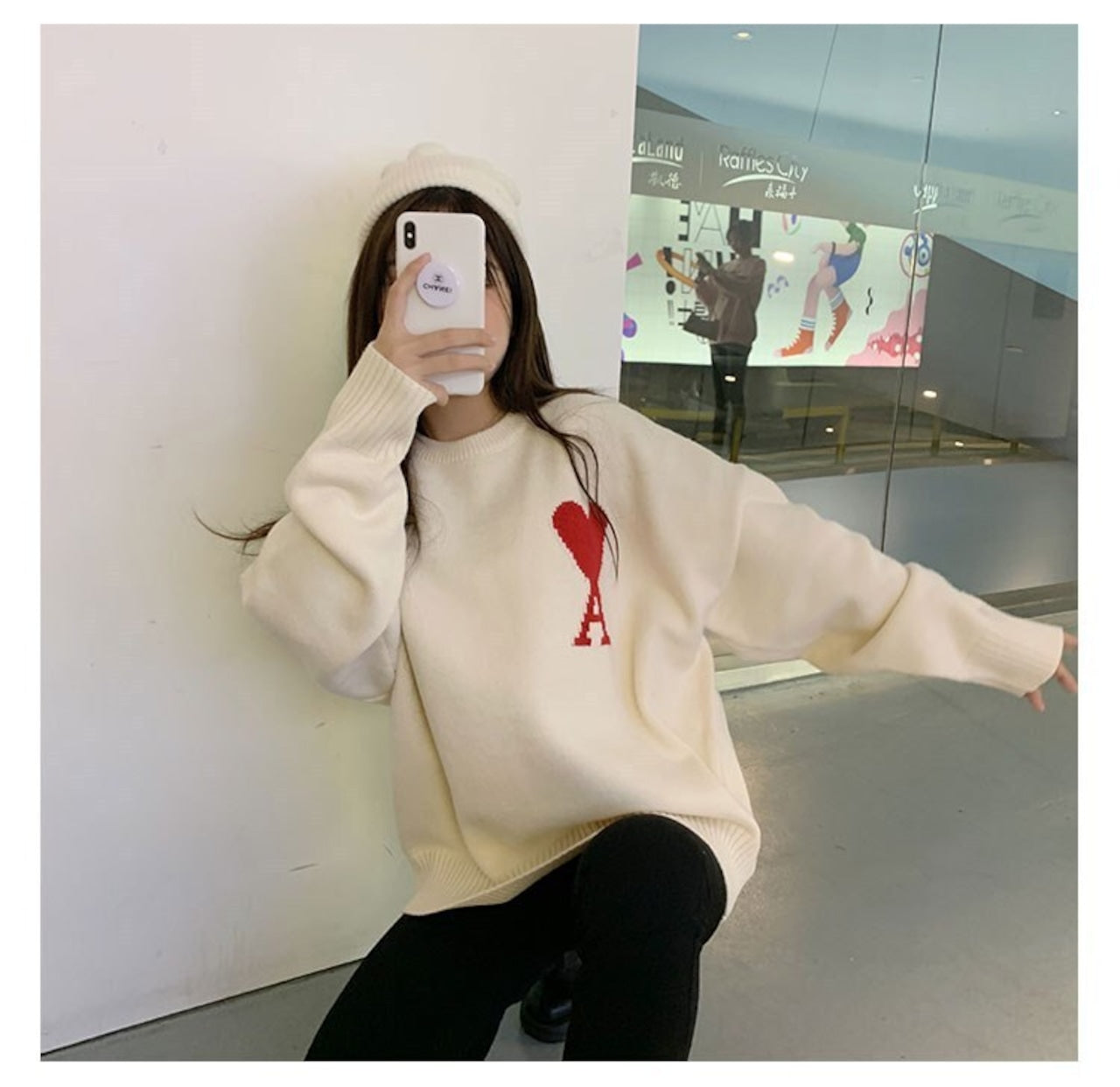 【tops】ラウンドネック長袖ニットセーターF8103