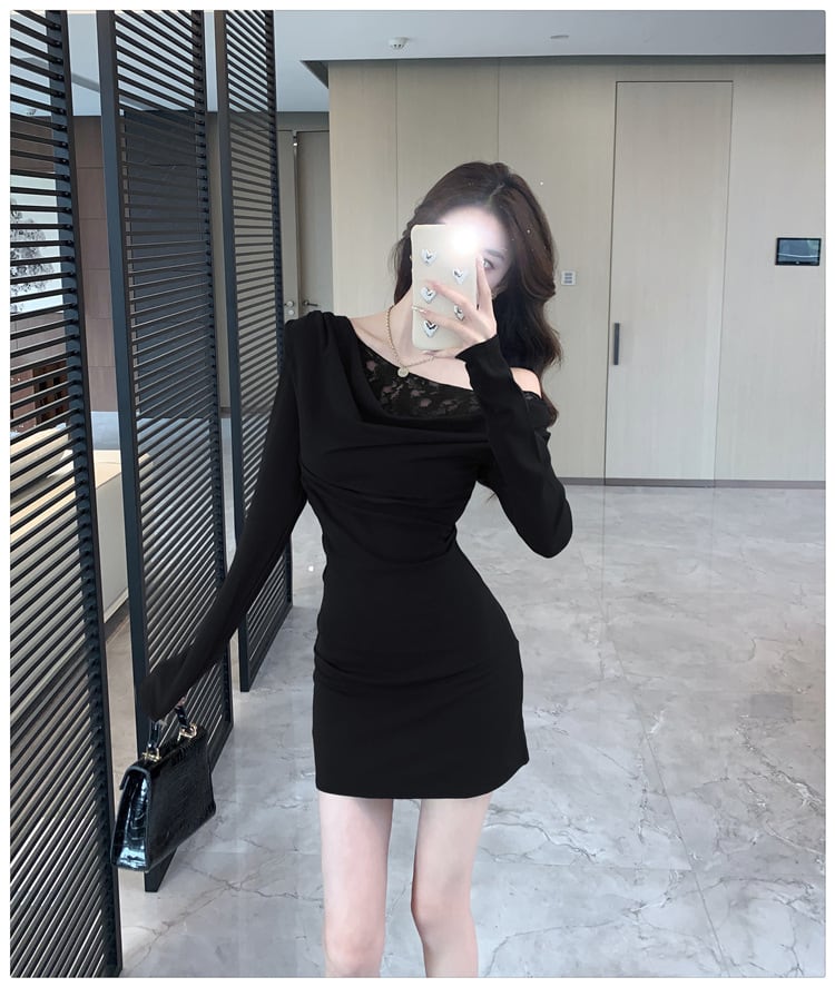 【dress】レース切り替えオフショルダーワンピース　M28103