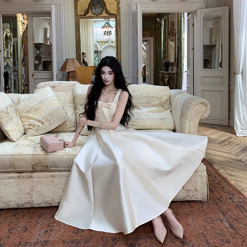 【dress】リボン付きフレアロングキャミワンピース Q8380