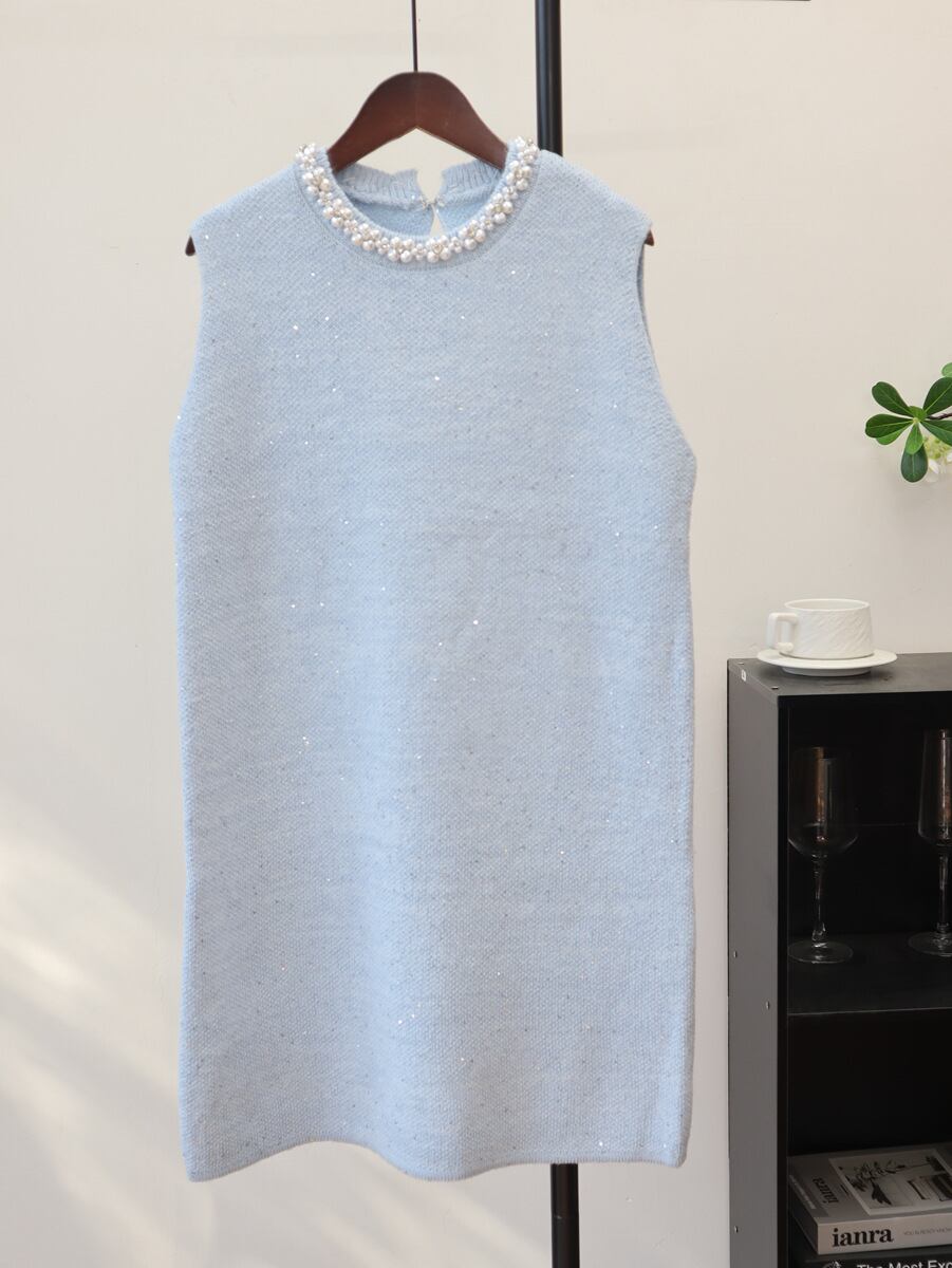 【dress】パール付きノースリーブニットワンピース Q7323