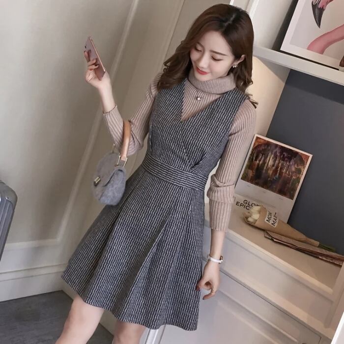 【set】話題沸騰中2点セット無地セーター+ウェスト絞りチョッキワンピース通勤日常セットアップF1277