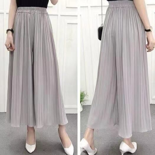 【bottoms】人気item！無地シフォン合わせやすいハイウエストプリーツガウチョパンツ