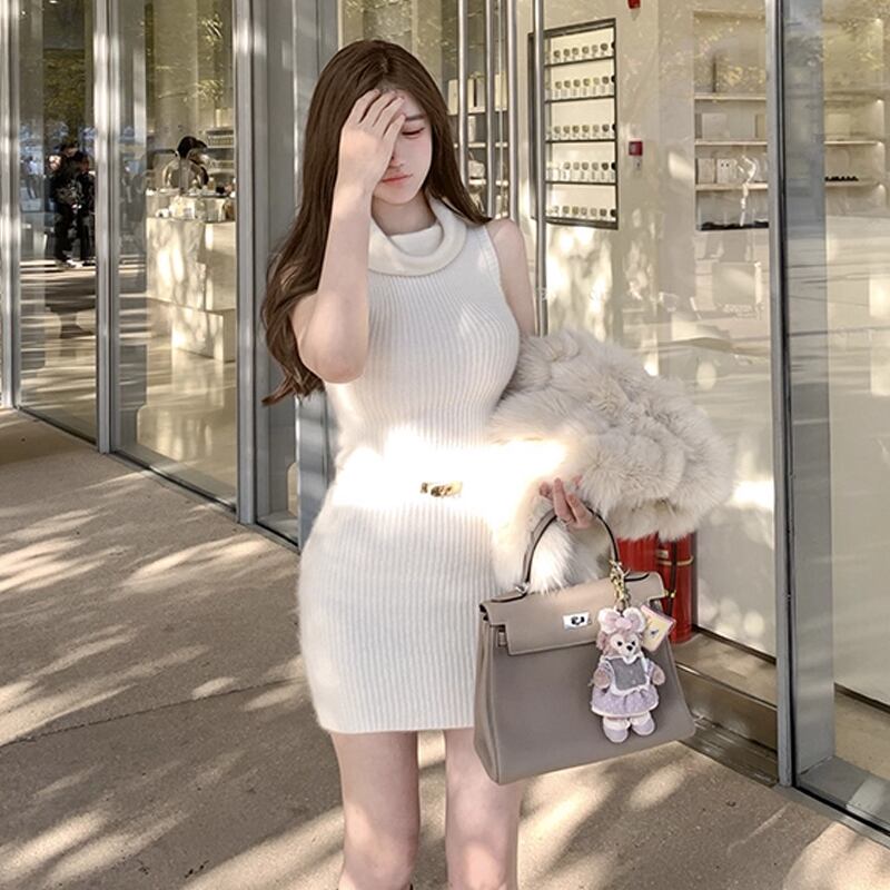 【dress】ベルト付きハイネックノースリーブニットワンピース Q7640