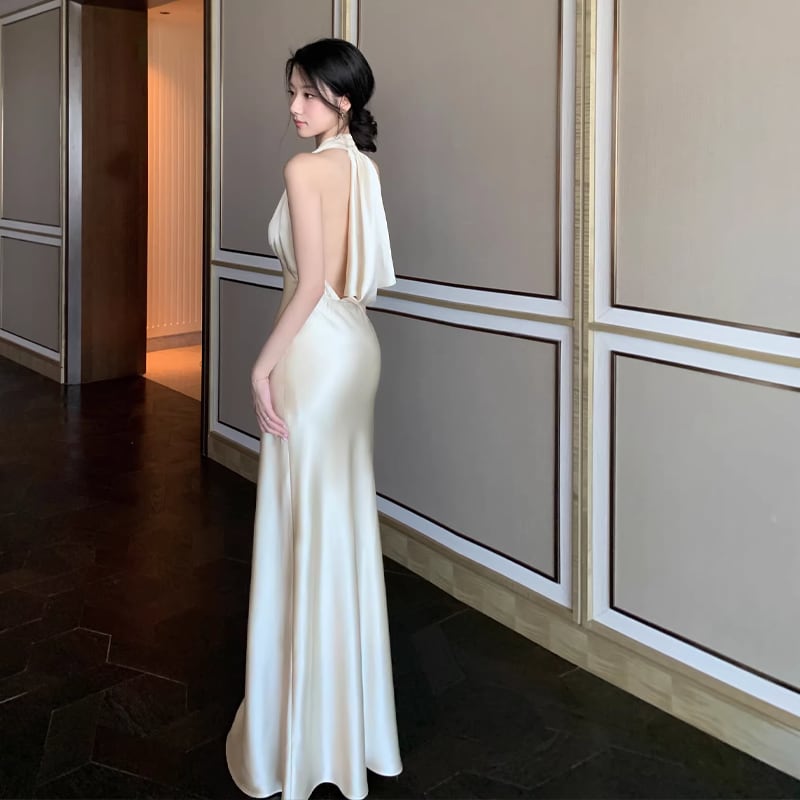 【dress】ノースリーブホルターネックロングワンピース Q7992