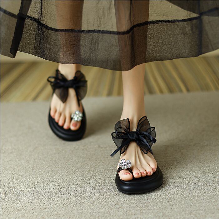 【shoes】気質溢れる♪2色韓国風INS風超人気履きやすいキレー目メッシュ蝶々結びサンダルスリッパF2845