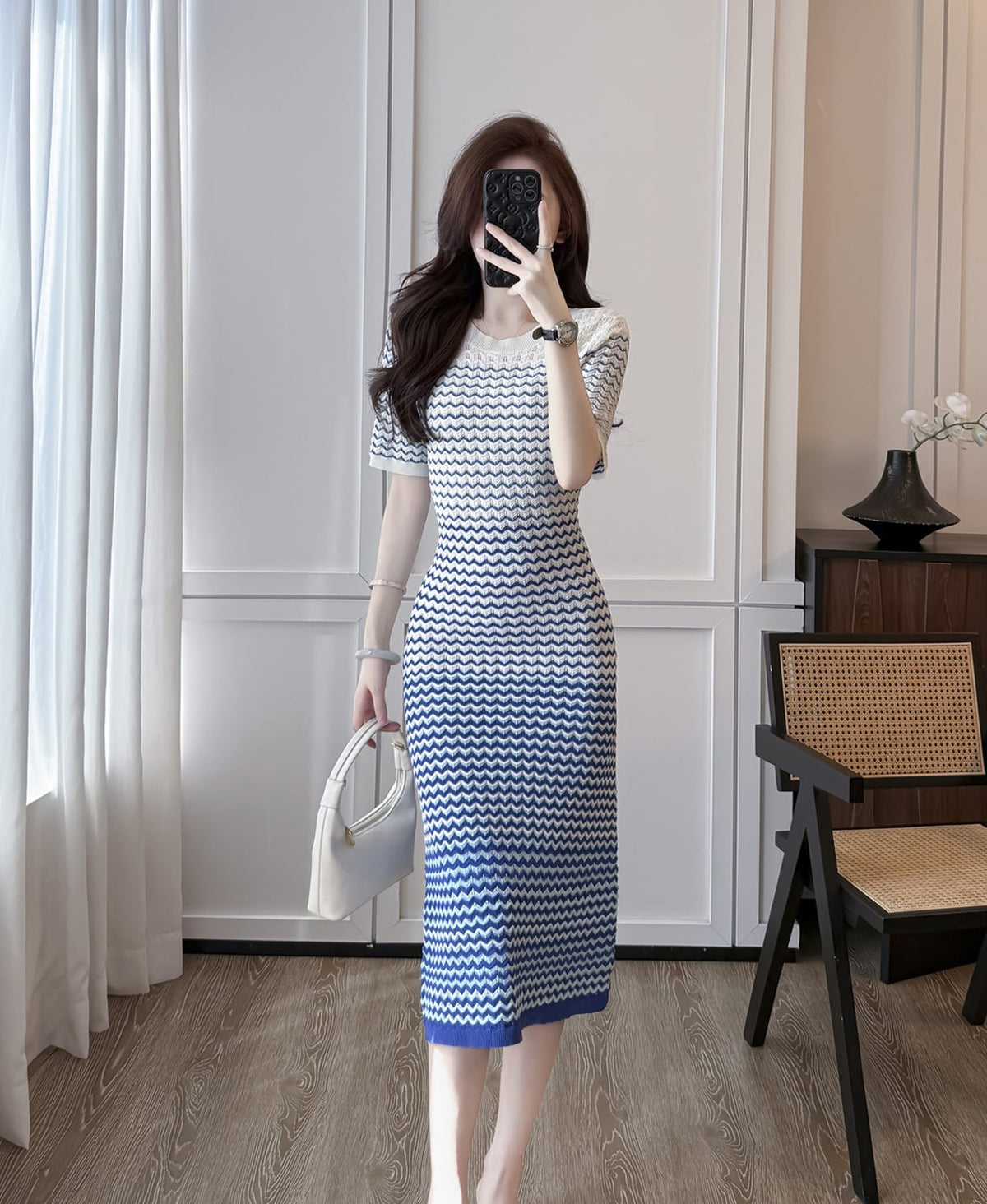 【dress】ウェーブ柄半袖ニットワンピース Q8489