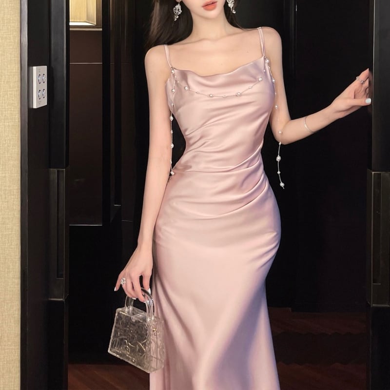 【dress】パール付きロングキャミワンピース Q7994