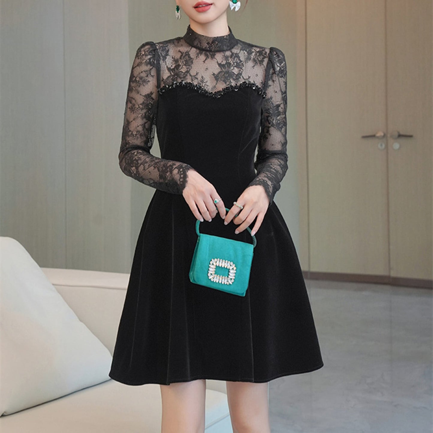 【dress】レースドッキングベロアワンピース　N3423