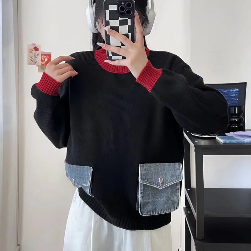 【tops】デニムポケット付きセーター Q6363