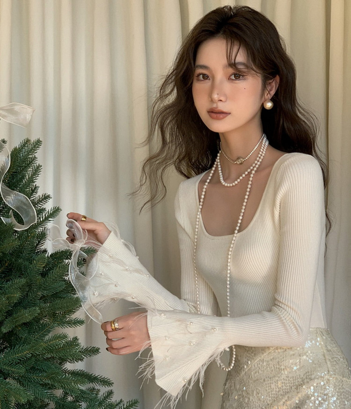【tops】パールベルスリーブニットトップス　N2947