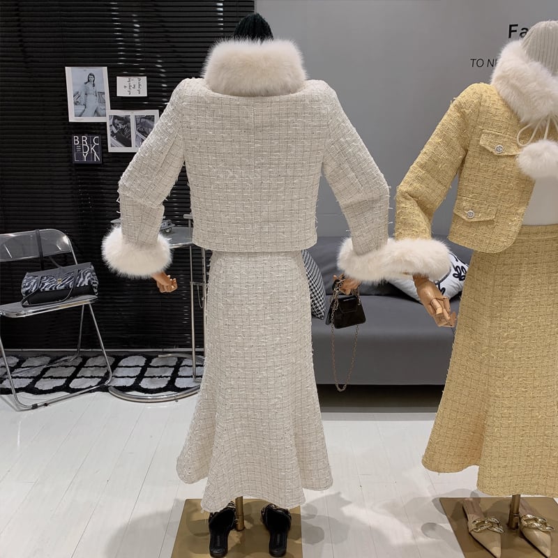 【set】ファー付きツイードジャケット×ロングスカートセット Q7463