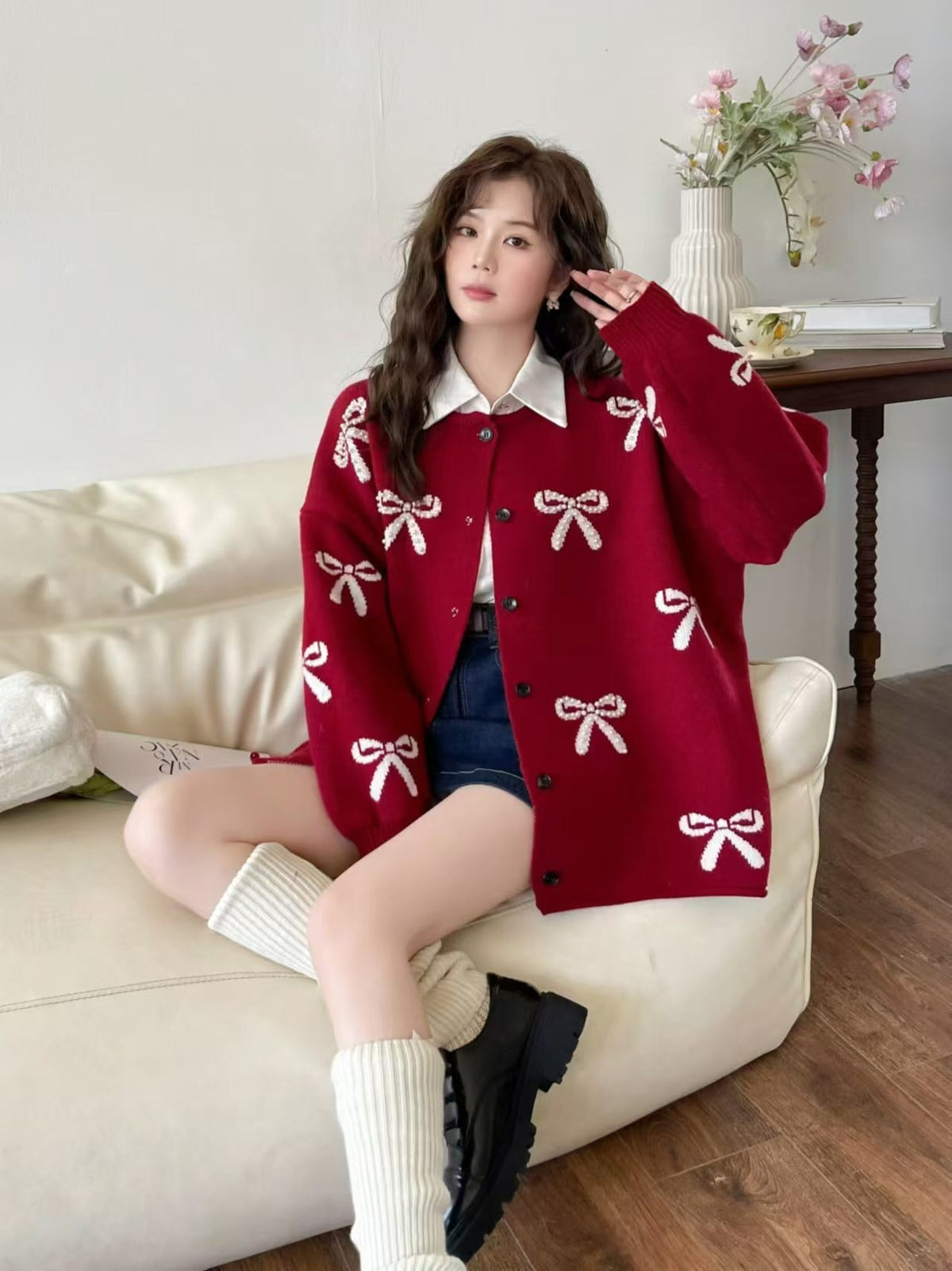 【outer】リボン付きニットカーデ　M26383