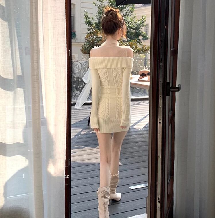 【dress】チュールドッキングリボンニットワンピース　M27056