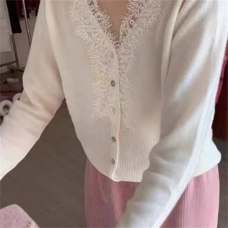 【tops】レース切り替えニットトップス　M25992