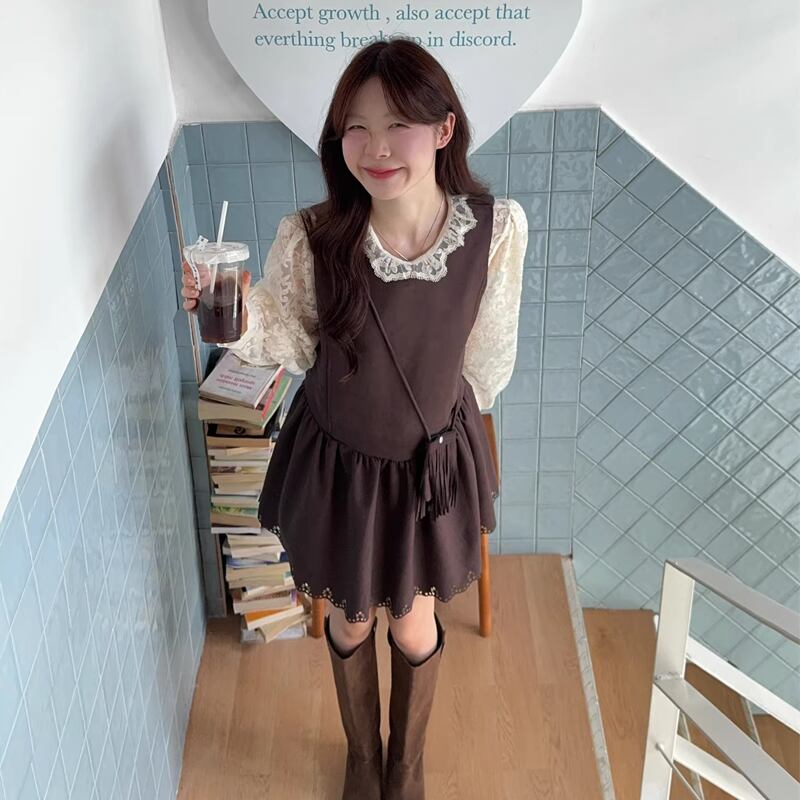 【set】レーストップス×スエードベストワンピースセット Q8132
