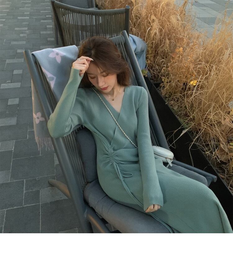 【dress】好感度UP!気質満点デザインフランス風シンプルVネックニットワンピース G2822