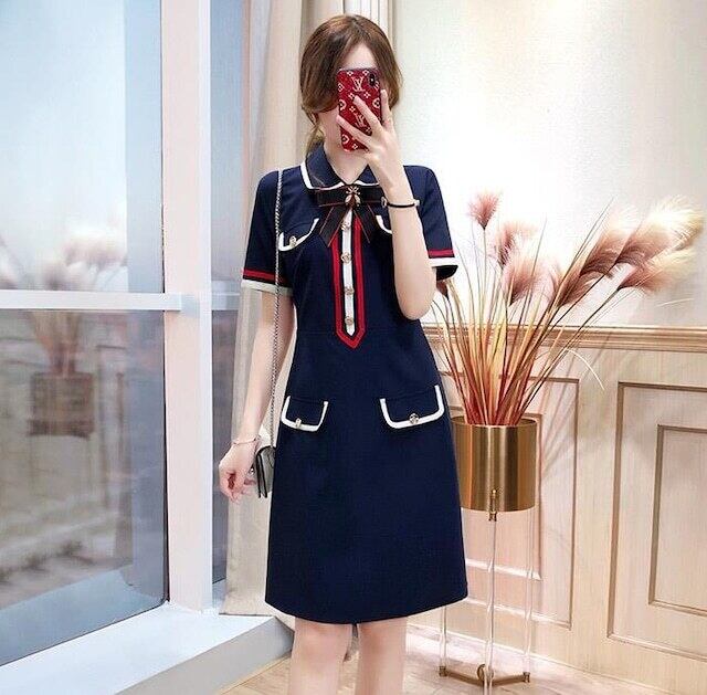 【dress】美感いっぱい2色POLOネック半袖配色韓国ファッションOL通勤ワンピースF2686