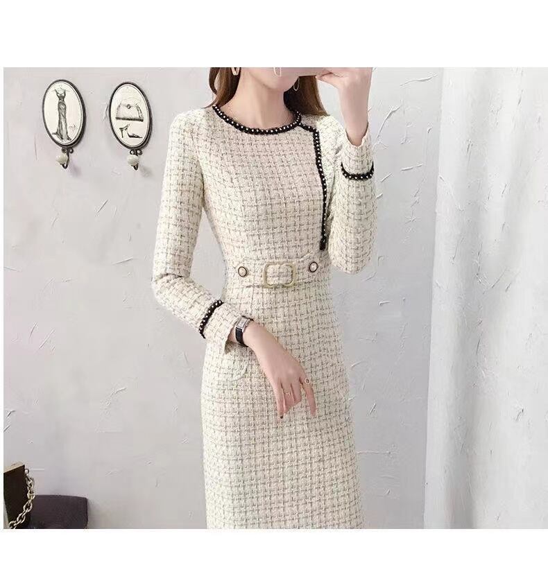 【dress】細身効果抜群♪ラウンドネック長袖韓国ファッションチェック柄OL通勤ボディラインワンピースF1540