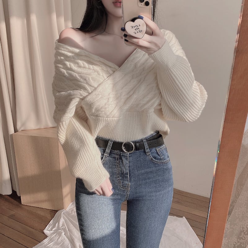 【tops】クロスVネックニットセーター　M26968