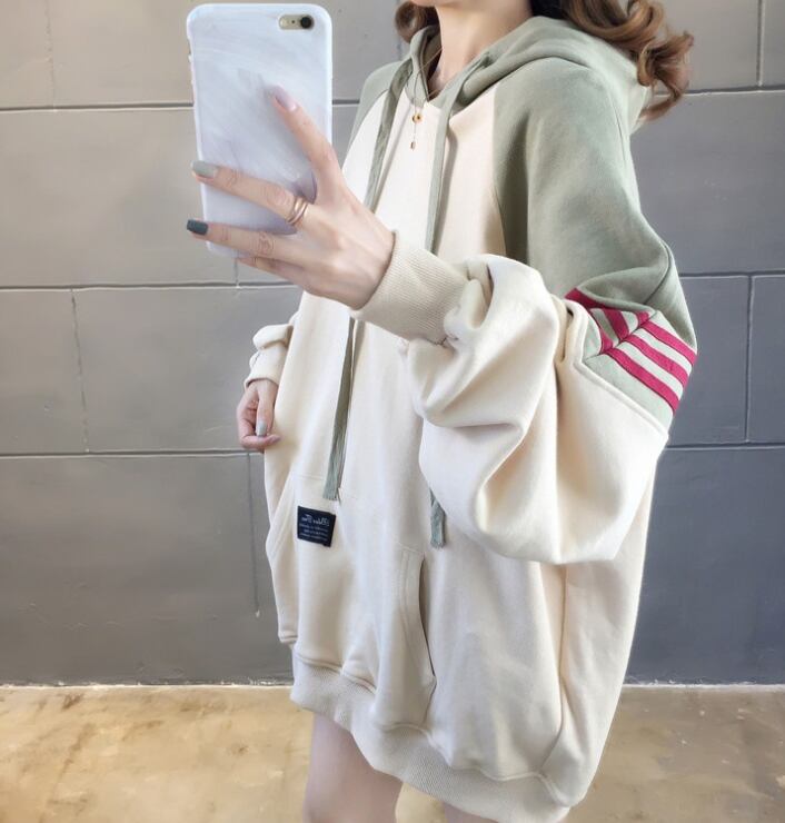【tops】韓国ファッション長袖フード付き配色ゆったりカジュアルパーカーW0368