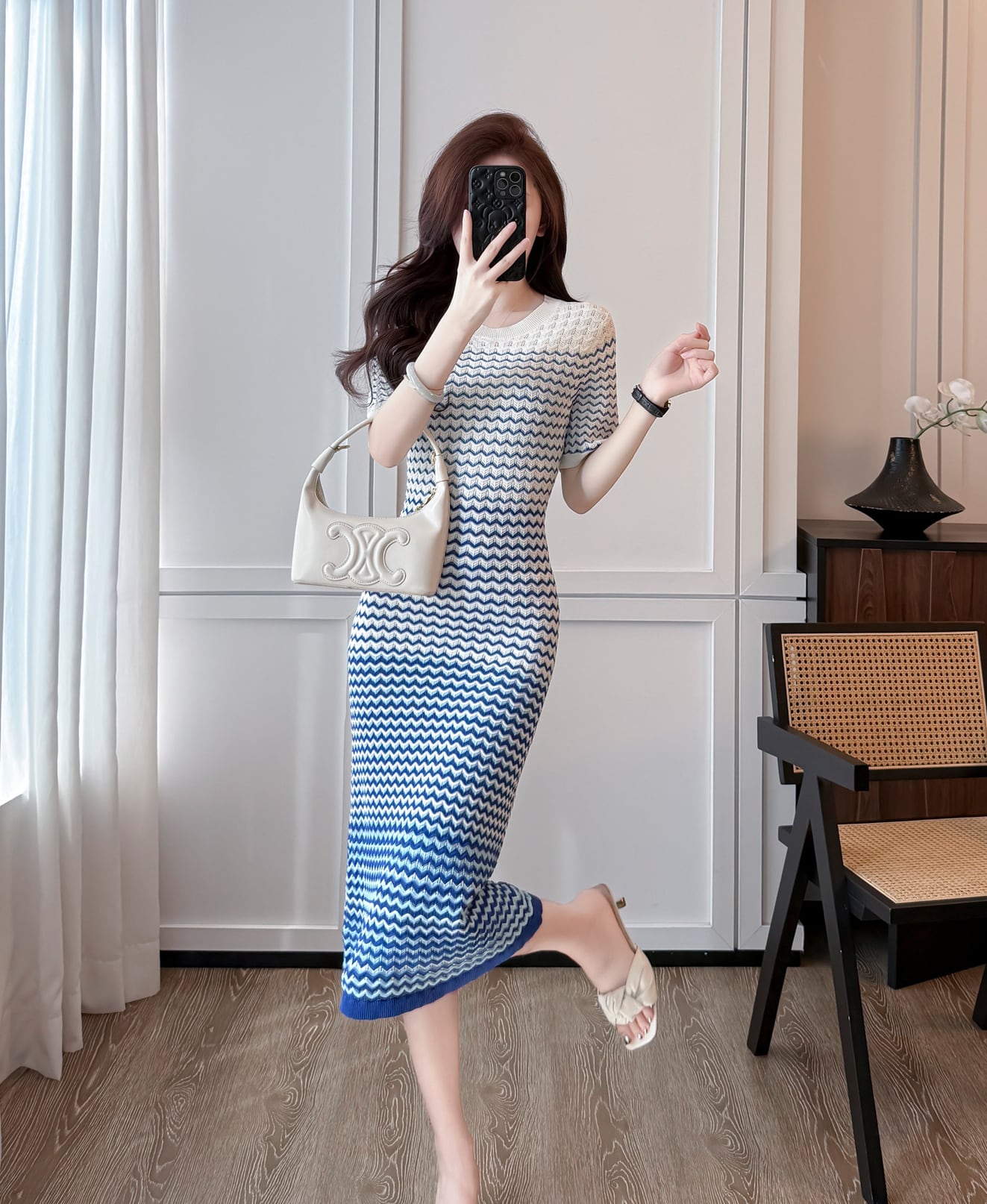 【dress】ウェーブ柄半袖ニットワンピース Q8489