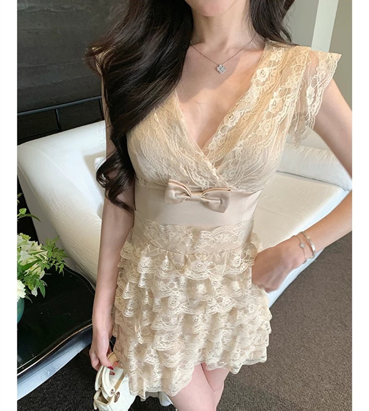 【dress】リボン付きティアードミニワンピース　N3556