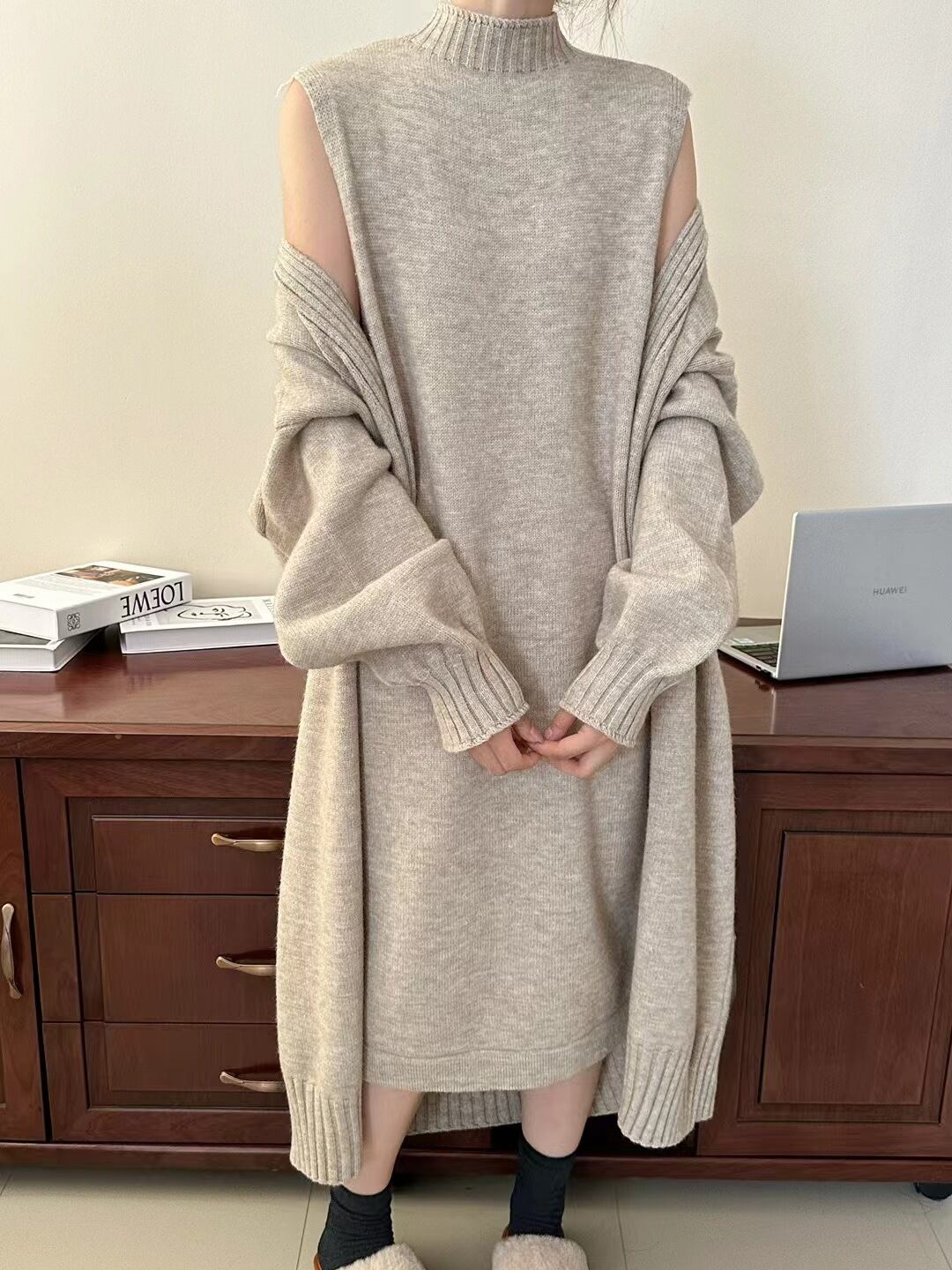 【set】ロングカーディガン×ノースリーブワンピースセット　N2221
