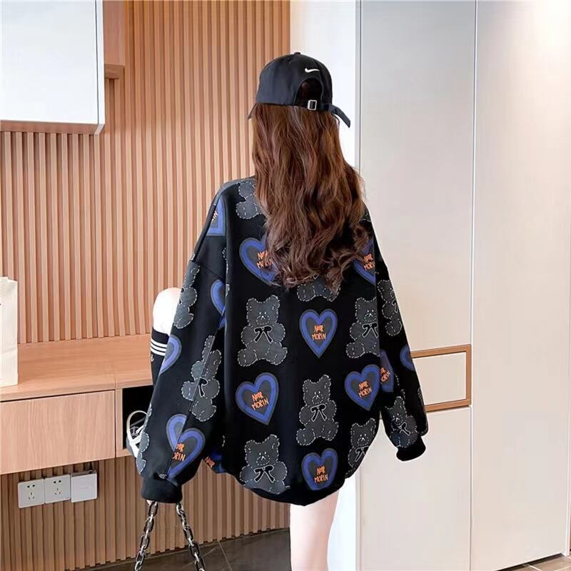 【tops】おすすめ3色裏起毛ラウンドネック長袖秋冬新作動物柄ハート柄配色厚手着回しパーカーF1333