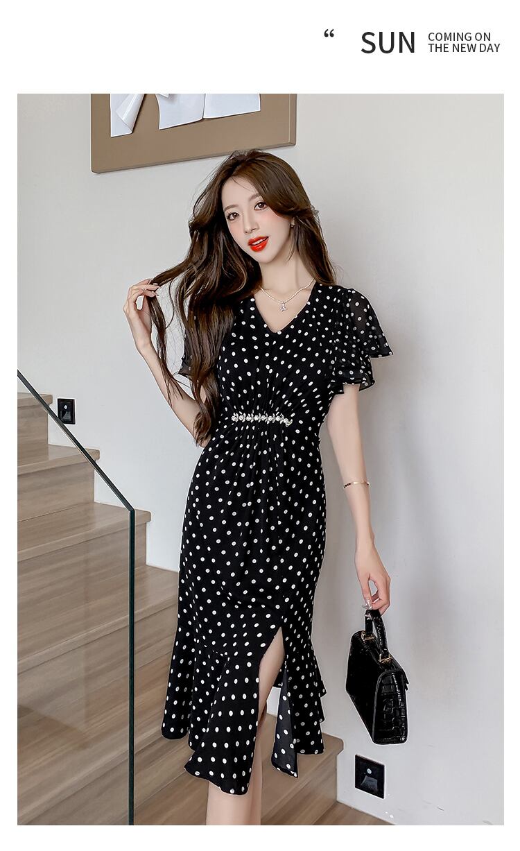 【dress】フランス風体型カバードット柄スリットワンピース G15210