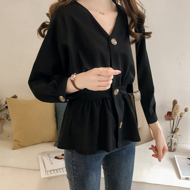 【tops】好感度満載!Vネック長袖ギャザーウェスト絞り無地ブラウス