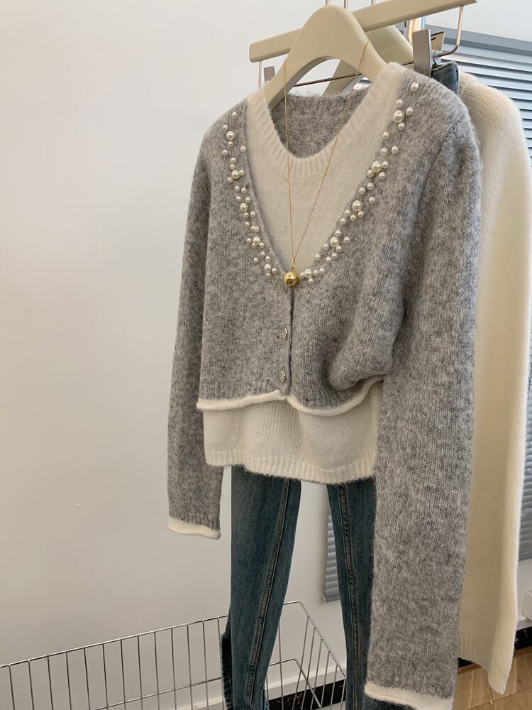 【tops】パールドッキングニットセーター　M29136
