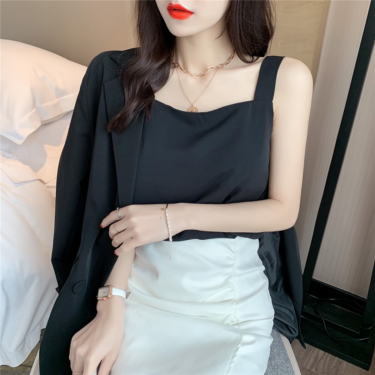 【tops】店長推薦3色夏新作韓国風INS風スクエアネック無地着回しキャミソールF1996