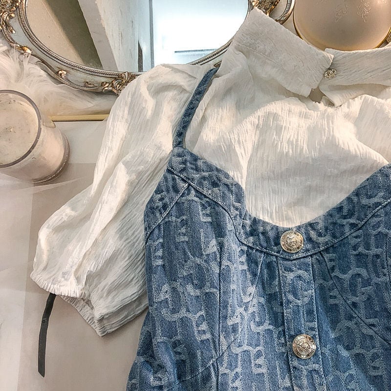 【set】今季大好評半袖無地ブラウス+デニム配色キャミワンピース気質満点セットアップF5489