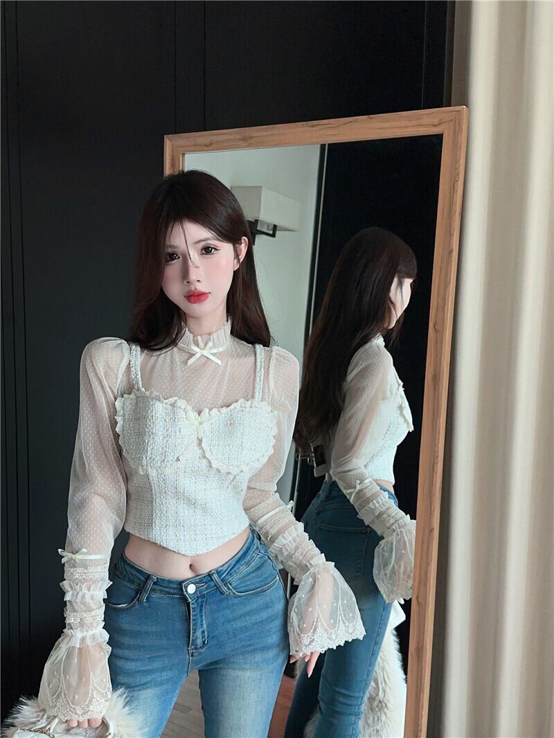 【tops】レース偽二つ切り替えブラウスG20399