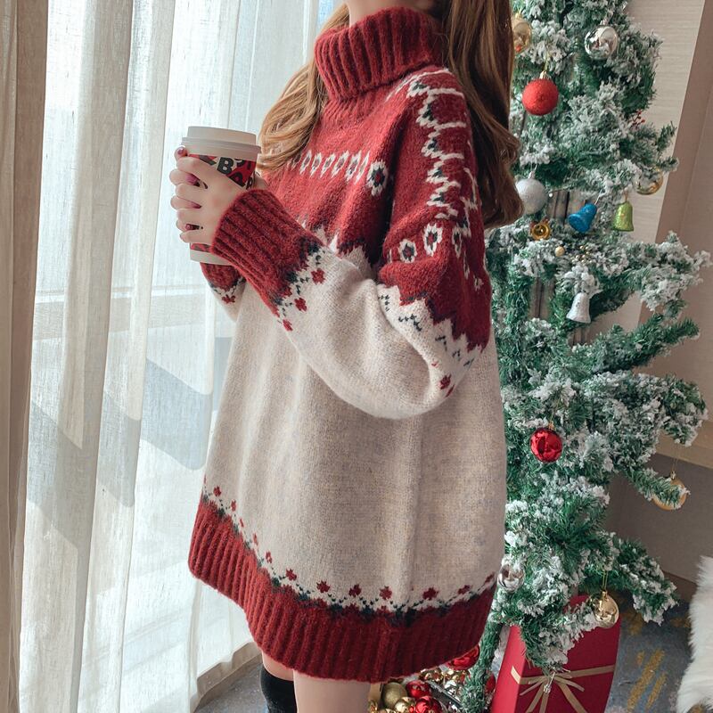 【tops】ハイネック長袖クリスマス着回しニットセーターF1061