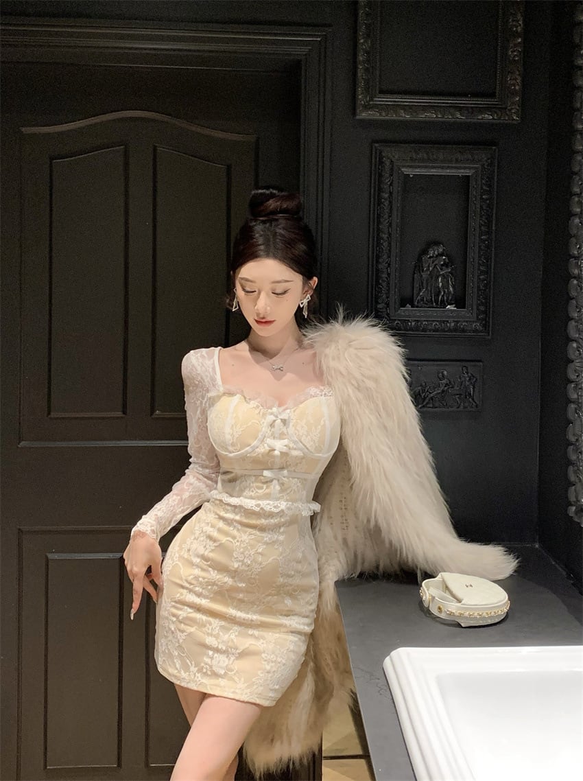 【dress】リボン付きレース切り替えワンピース　M26395