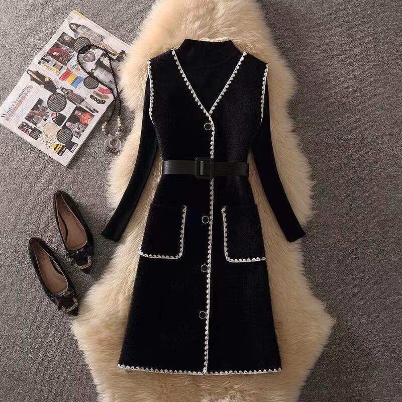 【set】今季大好評秋冬新作着回し無地セーター+美シルエットワンピース通勤日常2点セットF1296