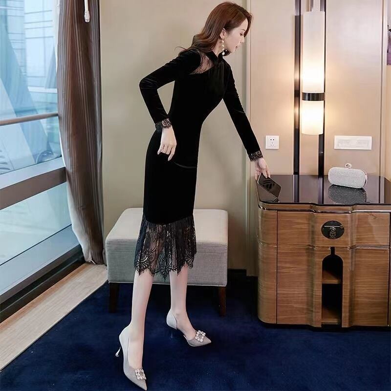 【dress】一目惚れ！長袖レース切り替え韓国ファッションOL通勤マーメイド無地ワンピースF1551