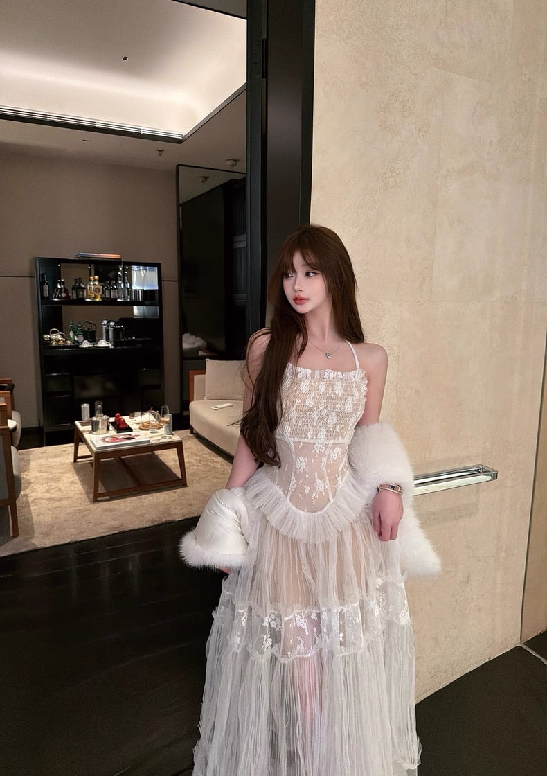 【dress】チュールレースロングワンピース Q7971