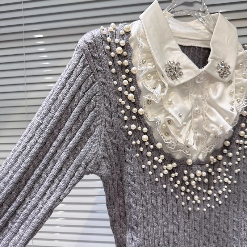 【tops】パール付きフェイクレイヤードニットトップス Q7998