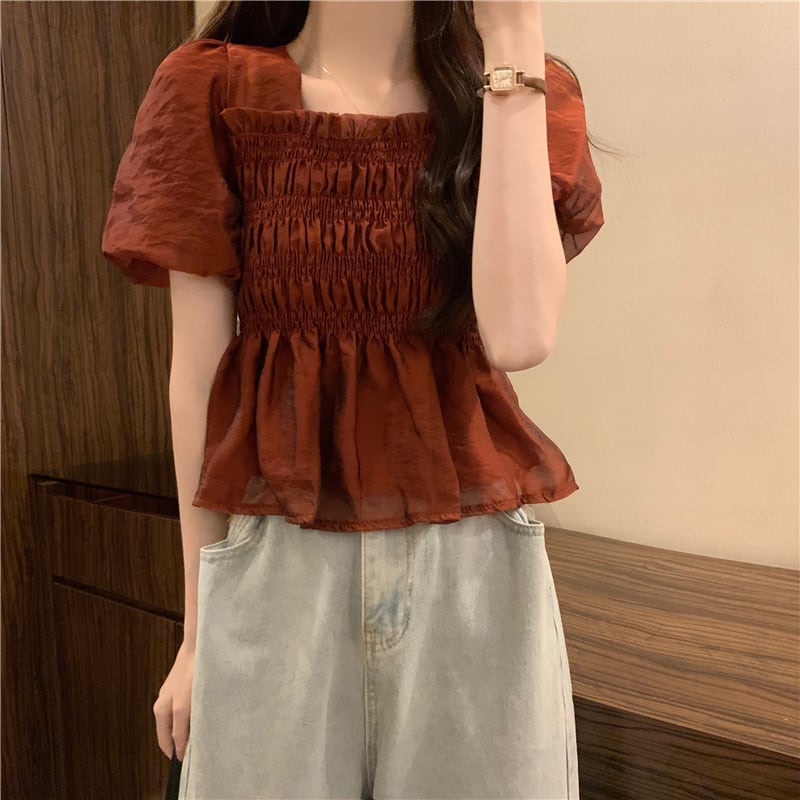 【tops】スクェアネックギャザーブラウスF7543