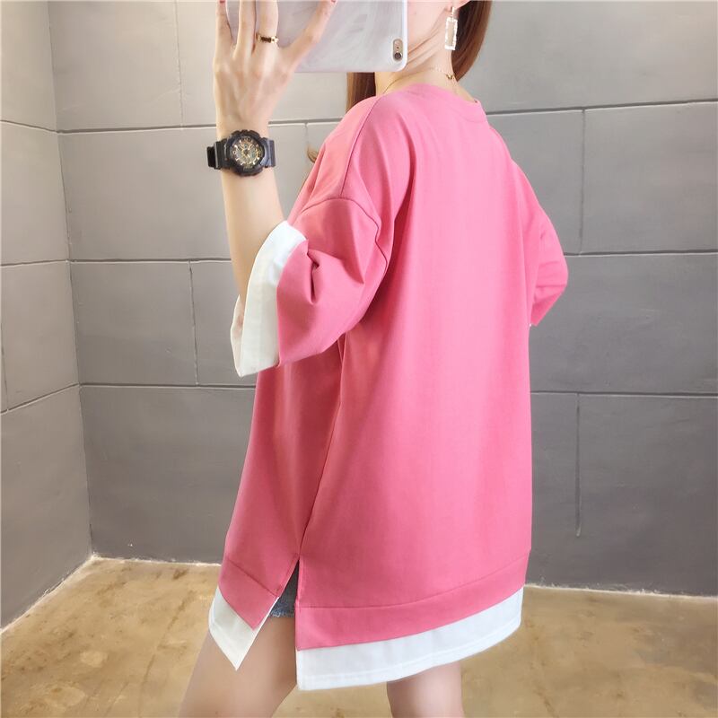 【tops】ラウンドネック半袖カジュアル偽二つ切り替え配色着まわしTシャツ