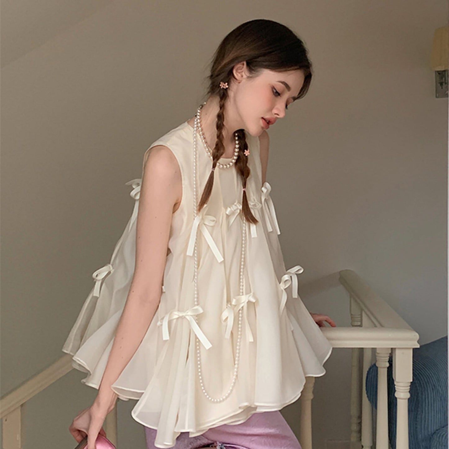 【tops】リボンペプラムノースリーブトップス　N3011