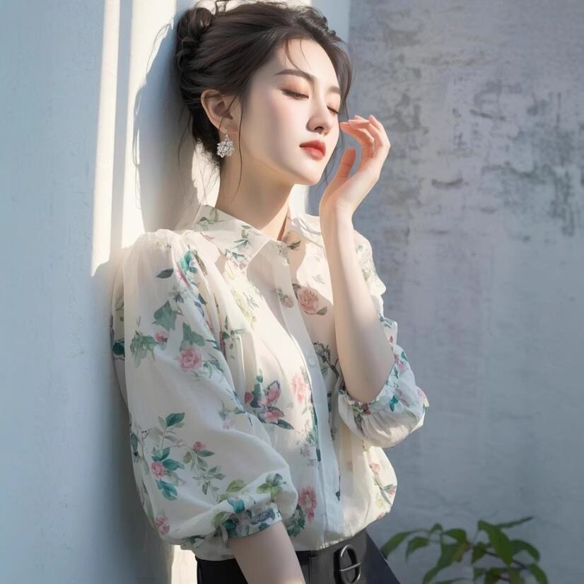 【tops】花柄シャツブラウス　M30092